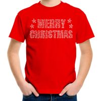 Glitter kerst t-shirt rood Merry Christmas glitter steentjes voor kinderen - Glitter kerst shirt XL  -
