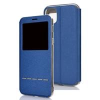 Voor iPhone 11 matte textuur horizontale Flip beugel mobiele telefoon holster venster met beller-ID en metalen knop schuif om te ontgrendelen (blauw)