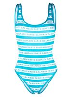 Balmain maillot de bain rayé à logo imprimé - Bleu