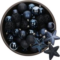 43x stuks kunststof kerstballen en sterren ornamenten donkerblauw - Kerstbal - thumbnail