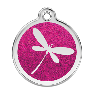 Dragonfly Hot Pink glitter hondenpenning large/groot dia. 3,8 cm - Reddingo