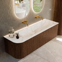 Badmeubel Mondiaz Kurve-Dlux | 145 cm | Meubelkleur Walnut | Wastafelkleur Frappe | Solid surface | Rechts spoelbak | Zonder kraangat(en)