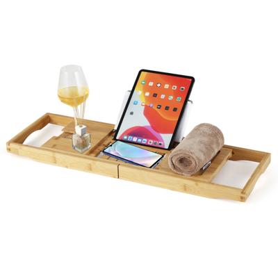Bamboe Badplateau Uitschuifbaar Badplateau met Verstelbare Boekenhouder Opbergplateau aan de Zijkant Drankhouder voor de Badkamer
