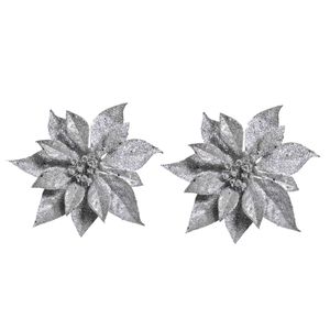 2x Kerstversieringen kerststerren bloemen zilver op clip - Kersthangers