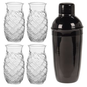 4x Cocktailglazen / Pina Colada glazen transparant 500 ml + Cocktailshaker zwart 500 ml RVS   -