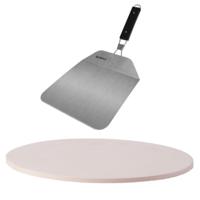 BBQ/oven pizzasteen rond keramiek 30 cm met inklapbare RVS pizzaschep 25 cm - thumbnail