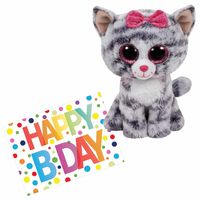 Pluche knuffel kat/poes Ty Beanie Kiki 15 cm met A5-size Happy Birthday wenskaart