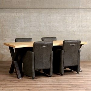 Set van 4 leren eetkamerfauteuils - met armleuning en wieltjes - grijs leer - Echt leer, Modern, ontdek de vele Leersoorten en Kleuren bij ShopX