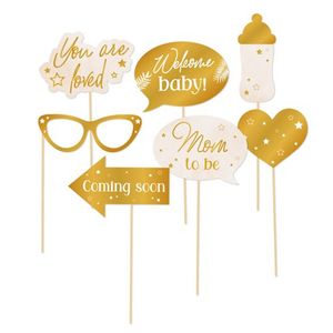 HazaA babyshower foto prop set - 7-delig - goud/wit - kraamfeest/geboorte - photo booth accessoires - Fotoprops