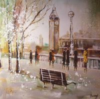 Schilderij -Handgeschilderd - Big Ben - beige bruin - 100x100cm - thumbnail