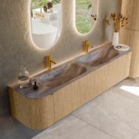 Badmeubel Mondiaz Kurve-Dlux | 190 cm | Meubelkleur Oak | Wastafelkleur Oza | Solid surface | Wasbak beide zijden spoelbak | 2 kraangaten