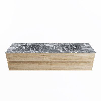 MONDIAZ VICA-DLUX 200cm badmeubel onderkast Washed Oak 4 lades. Inbouw wastafel CLOUD dubbel zonder kraangat, kleur Lava.