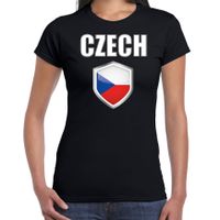 Tsjechie landen supporter t-shirt met Tsjechische vlag schild zwart dames - thumbnail