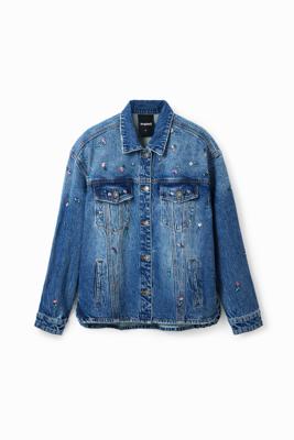 Denim truckerjack met bloemen - BLUE - L