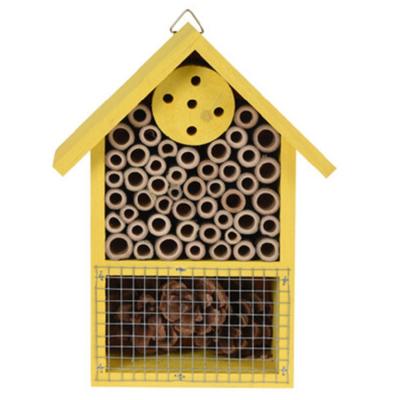 Insectenhotel huisje - geel - 20 cm - dennenhout - hotel voor insecten
