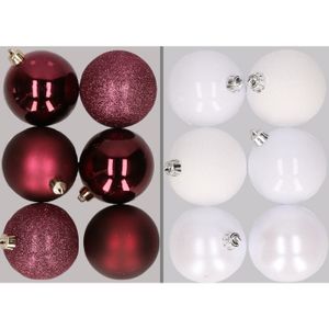 12x stuks kunststof kerstballen mix van aubergine en wit 8 cm