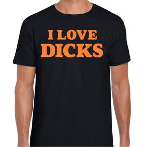 Foute party t-shirt voor heren - I love Dicks - zwart - glitter oranje - carnaval/themafeest