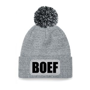 Boef muts/beanie met pompon - onesize - unisex - grijs