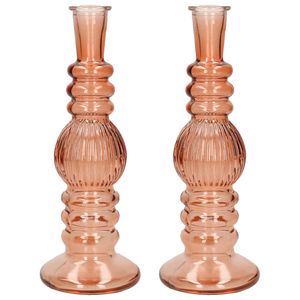 Kaarsen kandelaar Florence - 2x - zacht oranje glas - ribbel - D8,5 x H23 cm