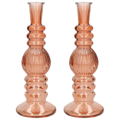 Kaarsen kandelaar Florence - 2x - zacht oranje glas - ribbel - D8,5 x H23 cm