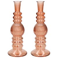 Kaarsen kandelaar Florence - 2x - zacht oranje glas - ribbel - D8,5 x H23 cm