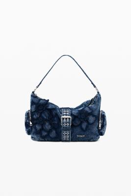 Middelgrote denim tas met bloem - BLUE - U Middelgrote denim tas met bloem - BLUE - U