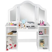 Kinder Kaptafel 2 in 1 Afneembaar Ontwerp met Kaptafel en Schrijftafel met 4 Grote Opbergplanken en 3-Paneel spiegel voor Kinderen Wit