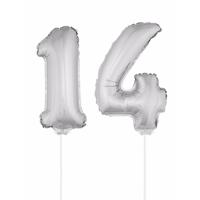 14 jaar leeftijd feestartikelen - versiering cijfers - zilver - ballonnen op stokje - van 41 cm