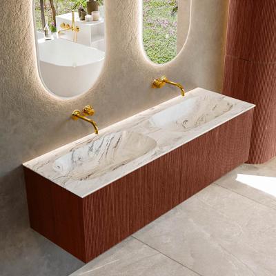 Badmeubel Mondiaz Kurve-Dlux | 150 cm cm | Meubelkleur Ruby | Wastafelkleur Glace | Solid surface | Wasbak beiden zijden spoelbak | Zonder kraangat(en)