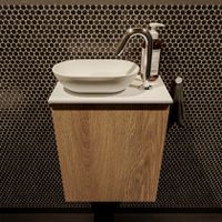 Mondiaz Fowy toiletmeubel 40cm washed oak met blad en waskom talc links 1 kraangat Mondiaz Fowy toiletmeubel 40cm washed oak met blad en waskom talc links 1 kraangat