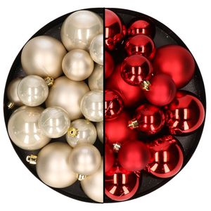 Kerstversiering kunststof kerstballen mix rood/champagne 6-8-10 cm pakket van 44x stuks