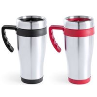 Set van 2x stuks zilverkleur warmhoudbekers/isoleer bekers met rand rood en zwart 500 ml