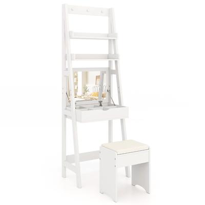 Make-up Set met Haken/Rek/Breed Bureaublad Kaptafel met Opklapbare Spiegel en Krukje Wit 61,5 x 40 x 180cm