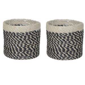 2x stuks naturel zwart rotan planten pot mand van gedraaid jute/riet H12 en D12 cm