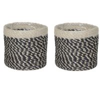 2x stuks naturel zwart rotan planten pot mand van gedraaid jute/riet H12 en D12 cm - thumbnail