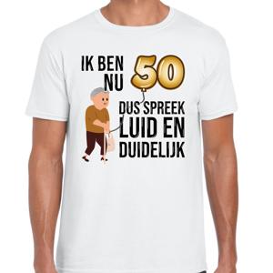 Cadeau T-shirt heren - leeftijd 50 jaar - wit - luid en duidelijk - Abraham - feest