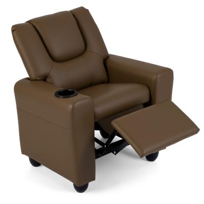 Kinderfauteuil met Relaxfunctie Stoffen Kinderbank met Verstelbare Rugleuning en Voetsteun Kinderbank met Bekerhouder-Bruin