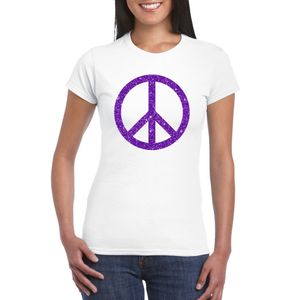 Wit Flower Power t-shirt paarse glitter peace teken dames