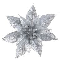 1x Kerstboomversiering op clip zilveren glitter bloem 15 cm