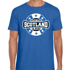 Have fear Scotland is here / Schotland supporter t-shirt blauw voor heren