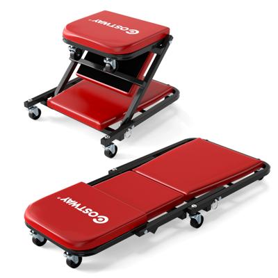 2 in 1 Rollplank Werkplaats Montageplank met 6 Wielen & Gevoerde Zitting tot 150 kg Belastbaar Rood