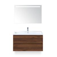 Vogue Badmeubelset 100 cm - Greeplijst in kleur - Walnoot - Keramische Wastafel Wit 1 kraangat - met Sence Spiegel