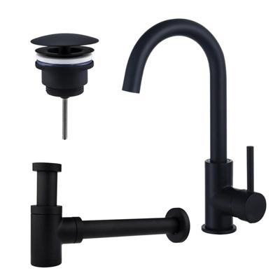 Fortifura Calvi Wastafelkraanset - hoge wastafelkraan - draaibare uitloop - always open plug - verlaagde design sifon - Mat zwart SW809347/SW696205/SW696215