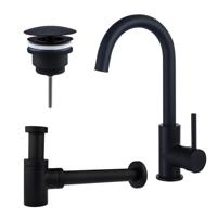 Fortifura Calvi Wastafelkraanset - hoge wastafelkraan - draaibare uitloop - always open plug - verlaagde design sifon - Mat zwart SW809347/SW696205/SW696215 Fortifura Calvi Wastafelkraanset - hoge wastafelkraan - draaibare uitloop - always open plug - verlaagde design sifon - Mat zwart SW809347/SW696205/SW696215