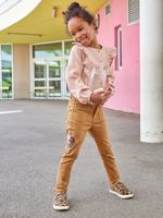 Slim-fit broek met hoge taille en geborduurde bloemen voor meisjes karamel - thumbnail
