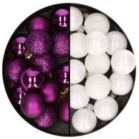 Kleine kerstballen - 28x st - wit en paars - 3 cm - kunststof - Kerstbal