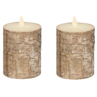 Anna's Collection Stompkaars - 2x - LED - berkenhout bruin - H10 cm - bewegende vlam - kaars