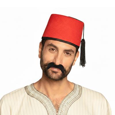 Boland Party Arabische Marokkaanse verkleed set - Fez hoedje rood - en nepsnor zwart