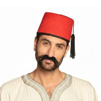 Boland Party Arabische Marokkaanse verkleed set - Fez hoedje rood - en nepsnor zwart