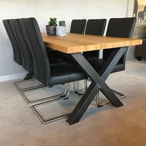 Set van 6 leren eetkamerstoelen - met sledepoot - zwart leer - Echt leer, Industrieel, ontdek de vele Leersoorten en Kleuren bij ShopX